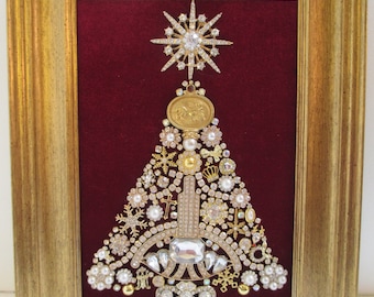 Jeweled Framed Jewelry Art Christmas Tree Cranberry Red Gold Deco Vintage Rhinestone Detailed Fabulous Gift