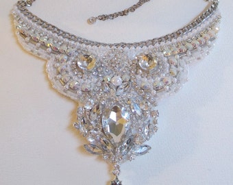 CLEARANCE Fabulous Bib Statement Necklace White Pearls Rhinestones Bridal