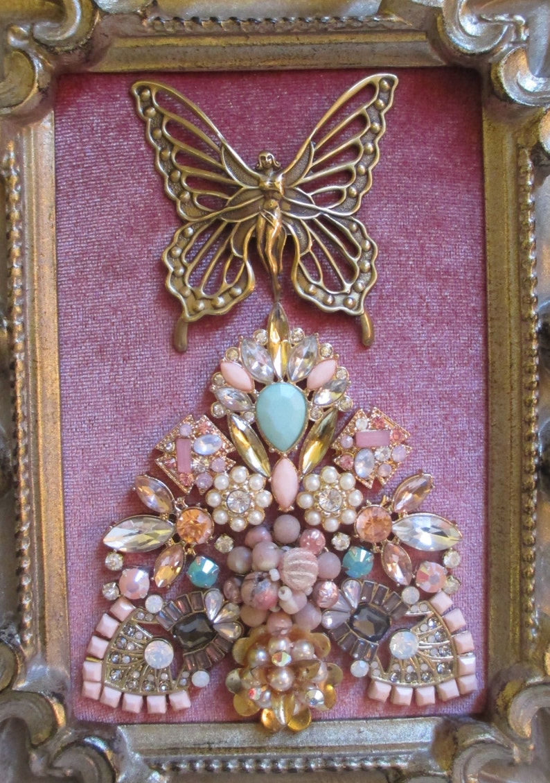 Jeweled Framed Jewelry Art Christmas Tree Gold Pink Rose Etsy
