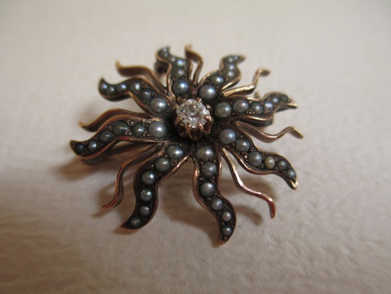 Antique Vintage 14K Victorian Starburst Brooch Pe… - image 2