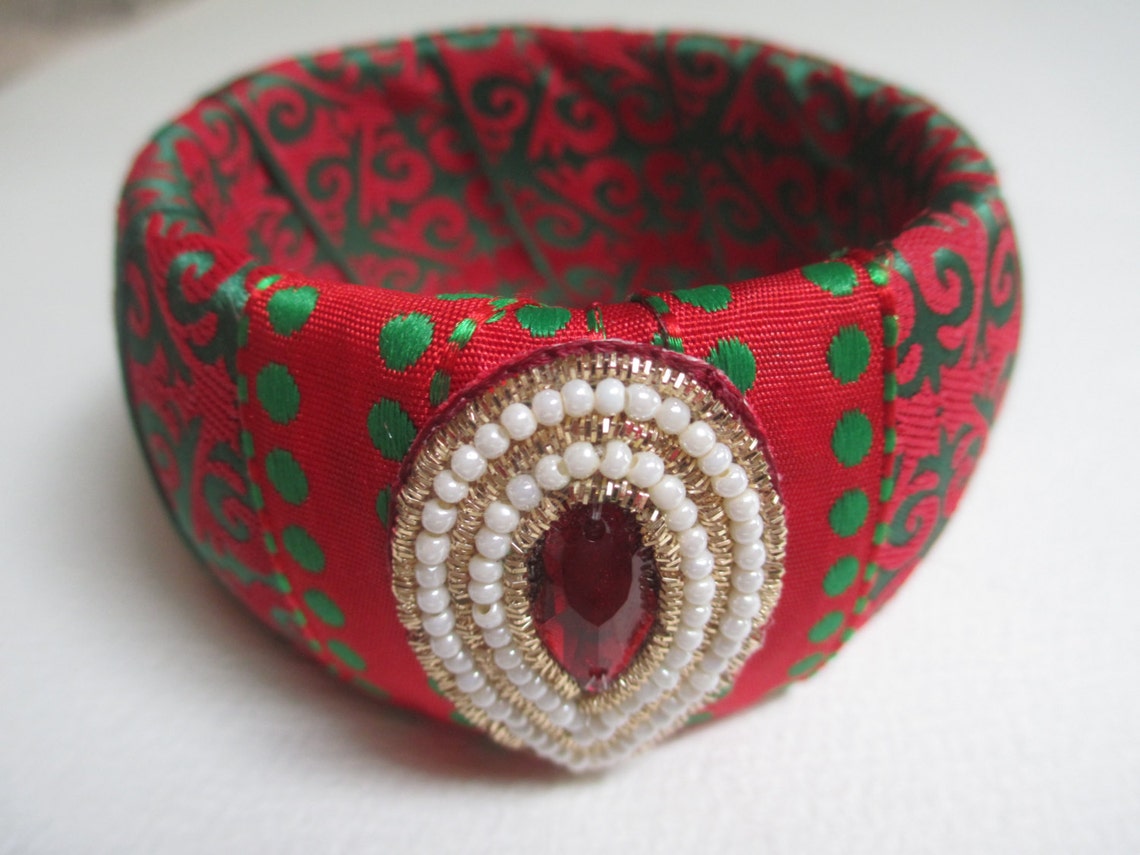 Ribbon Wrapped Med. Bangle Bracelet Red Green Baroque Jeweled | Etsy