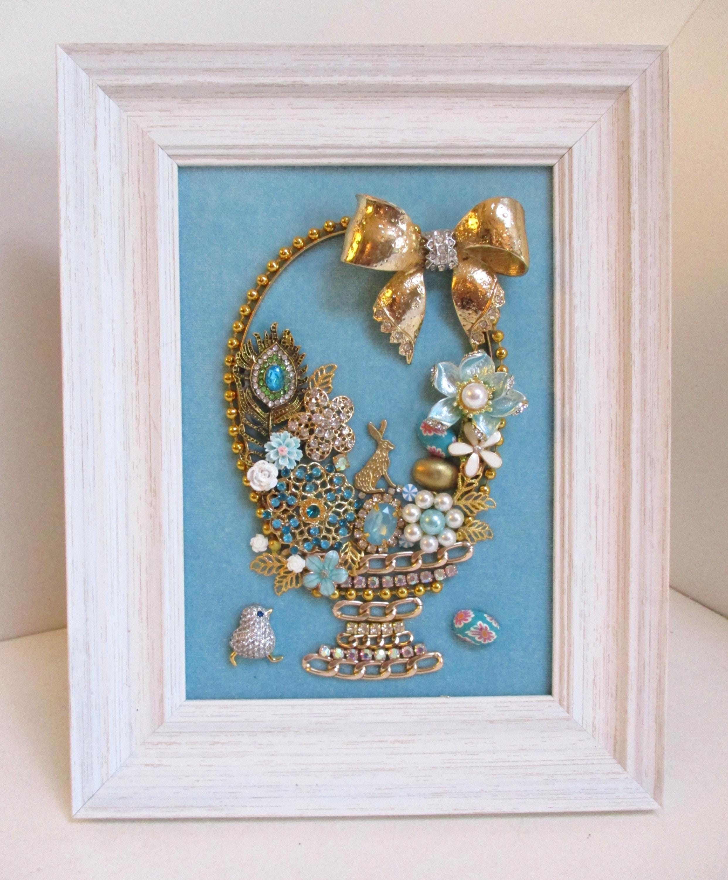 Jeweled Framed Jewelry Art Easter Basket Blue Gold Floral