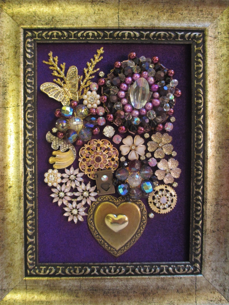 Jeweled Framed Jewelry Art Flower Bouquet Gold Purple Etsy