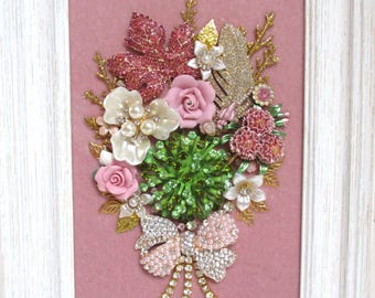 Jeweled umrahmt Schmuck Kunst Blumenstrauß Rosa Gold Grün Vintage Strass Detaillierte Fabelhaftes Geschenk
