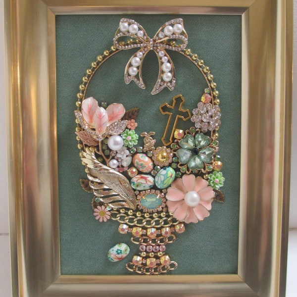 Jeweled Framed Jewelry Art Easter Basket Spring Light Green Pink Gold Rhinestone Floral Detailed Fabulous Gift