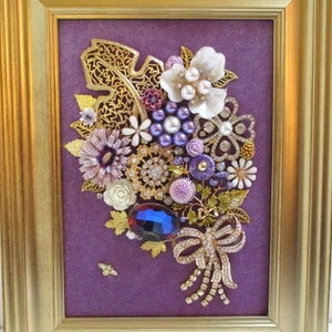 Jeweled Framed Jewelry Art Flower Bouquet Gold Vintage Rhinestone Detailed Fabulous Gift