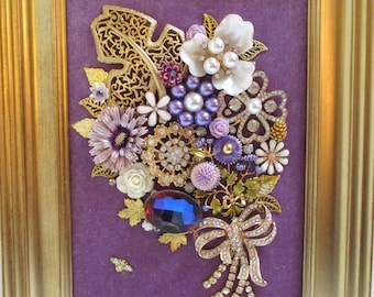 Juwelen ingelijste sieraden kunst bloemboeket goud vintage strass gedetailleerd fantastisch cadeau