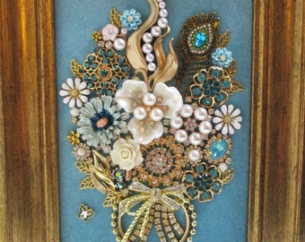 Jeweled Framed Jewelry Art Flower Bouquet Blue Aqua Gold Vintage Rhinestone Detailed Fabulous Gift