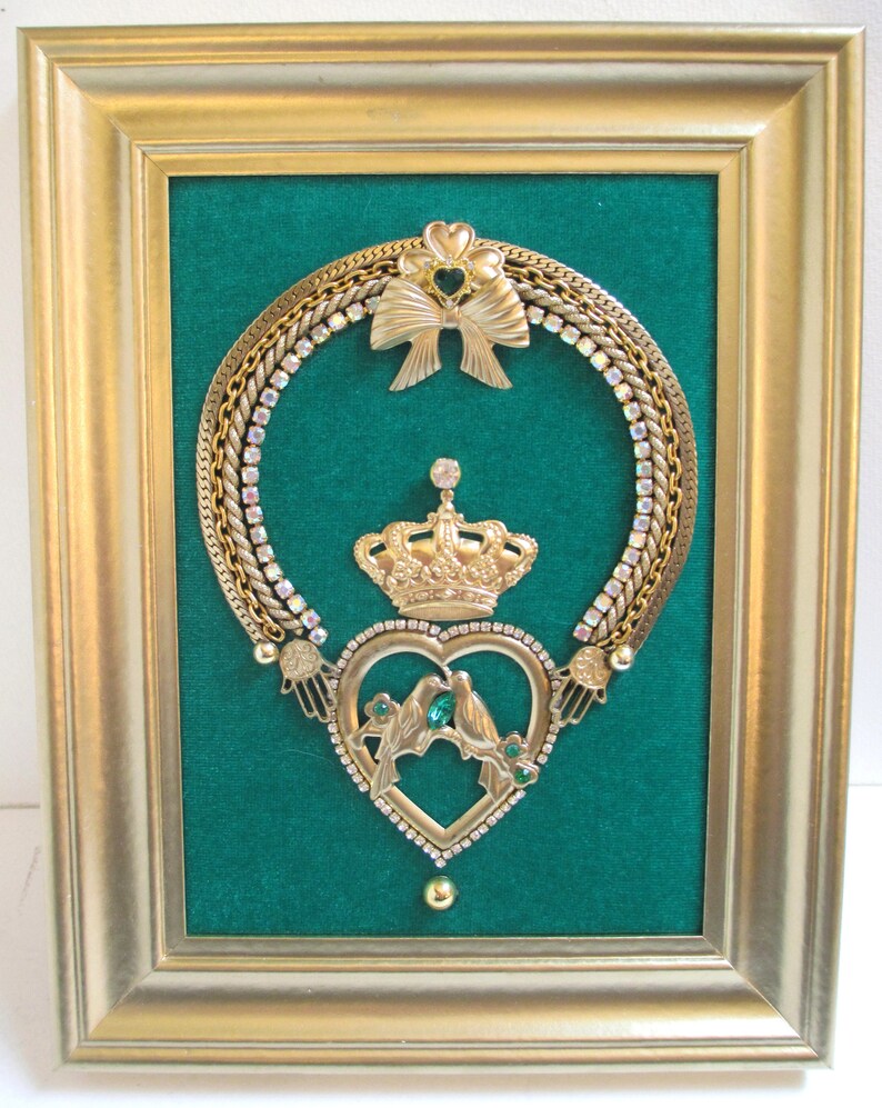 Jeweled Framed Jewelry Art Claddagh Irish Grass Green Gold Etsy