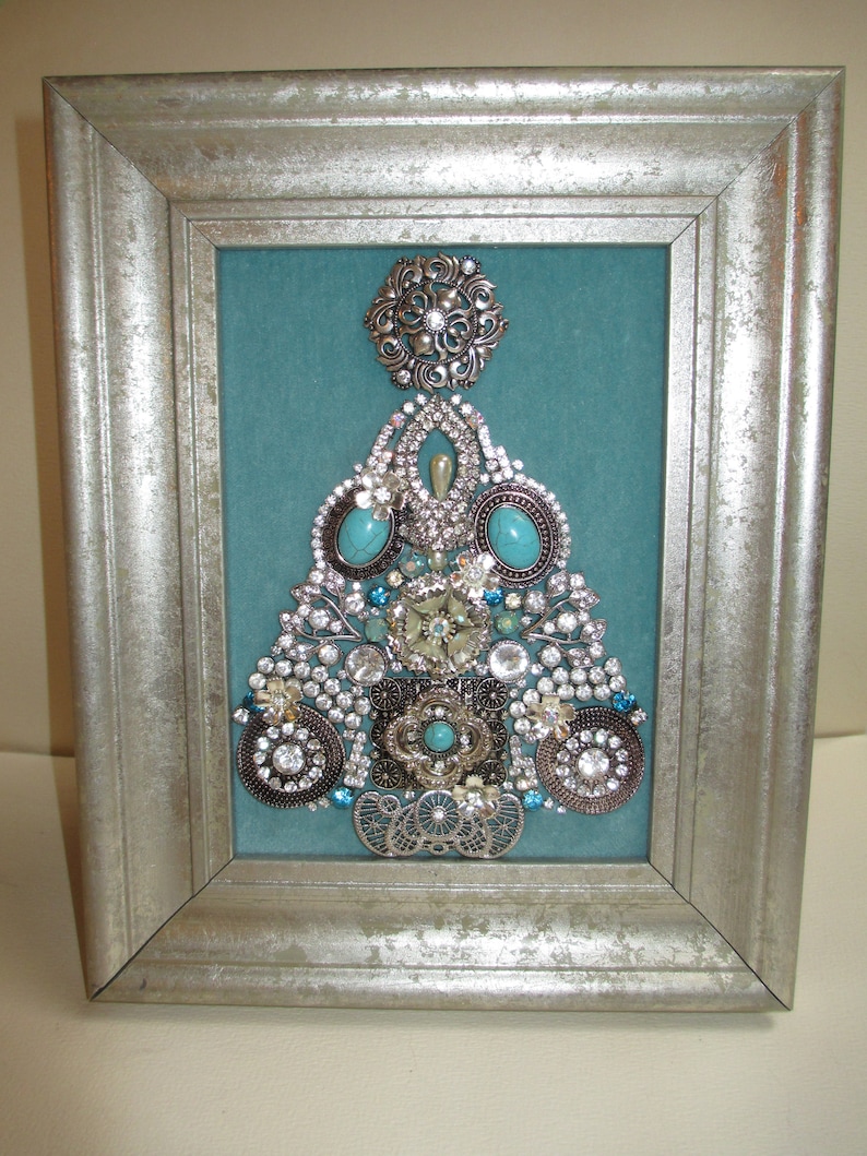 Jeweled Framed Jewelry Art Christmas Tree Aqua Silver Etsy
