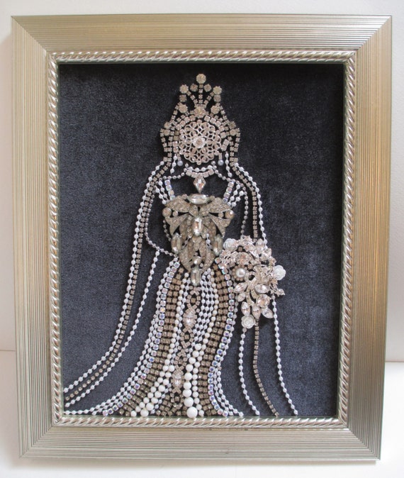 Jeweled Framed Jewelry Art Bride Silver Gray Blue Vintage Deco