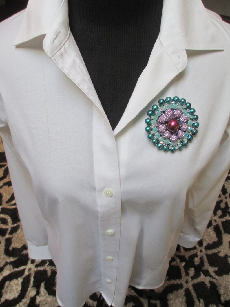 Statement Brooch Handmade Beaded Real Aqua Purple Fabulous Etsy
