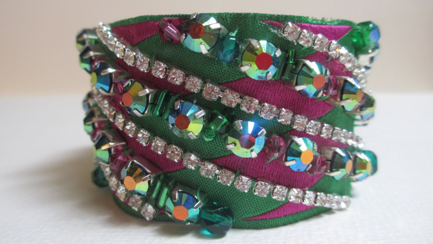 Cuff Bracelet Satin Harlequin Ribbon Rhinestones Emerald | Etsy
