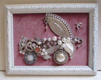 Jeweled Framed Jewelry Baby Carriage Buggy Pink Rose Silver White Vintage Rhinestones Pearls Fabulous Gift
