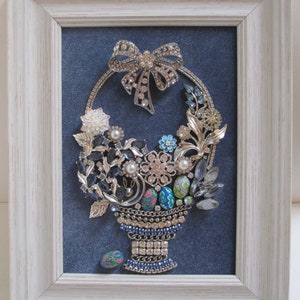Jeweled Framed Jewelry Art Easter Spring Basket Blue Silver White Vintage Rhinestone Detailed Fabulous Gift