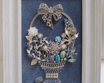 Jeweled Framed Jewelry Art Easter Spring Basket Blue Silver White Vintage Rhinestone Detailed Fabulous Gift