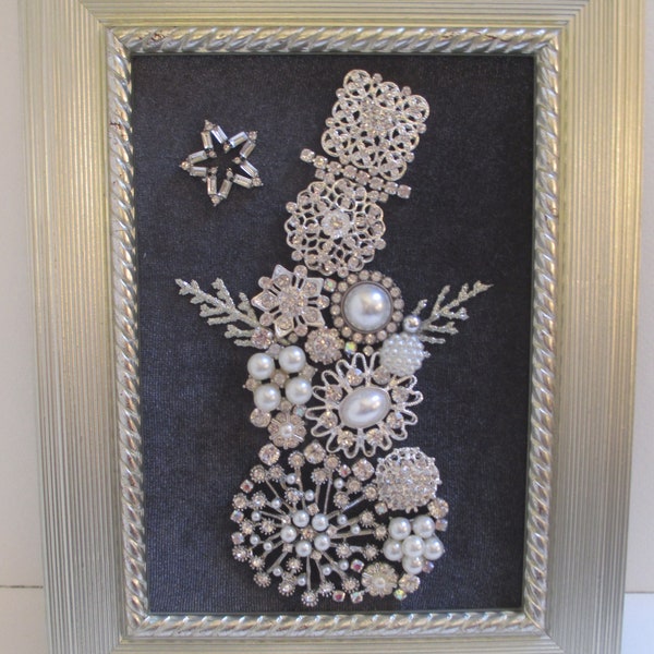 Hold for Suzanne Jeweled Framed Jewelry Art Snowman White Silver Gray Deco Rhinestone Pearl Detailed Fabulous Gift