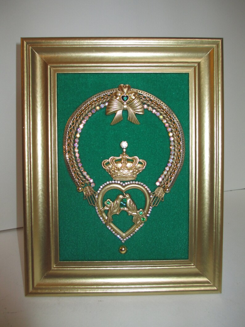 Jeweled Framed Jewelry Art Claddagh Irish Grass Green Gold Etsy