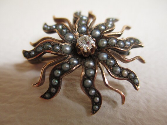 Antique Vintage 14K Victorian Starburst Brooch Pe… - image 4