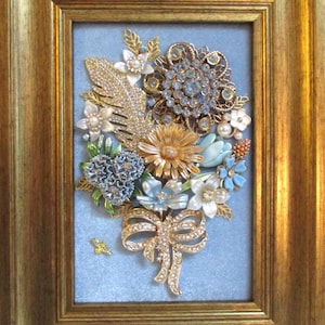 Jeweled Framed Jewelry Art Flower Bouquet Blue Gold Vintage Rhinestone Floral Detailed Fabulous Gift