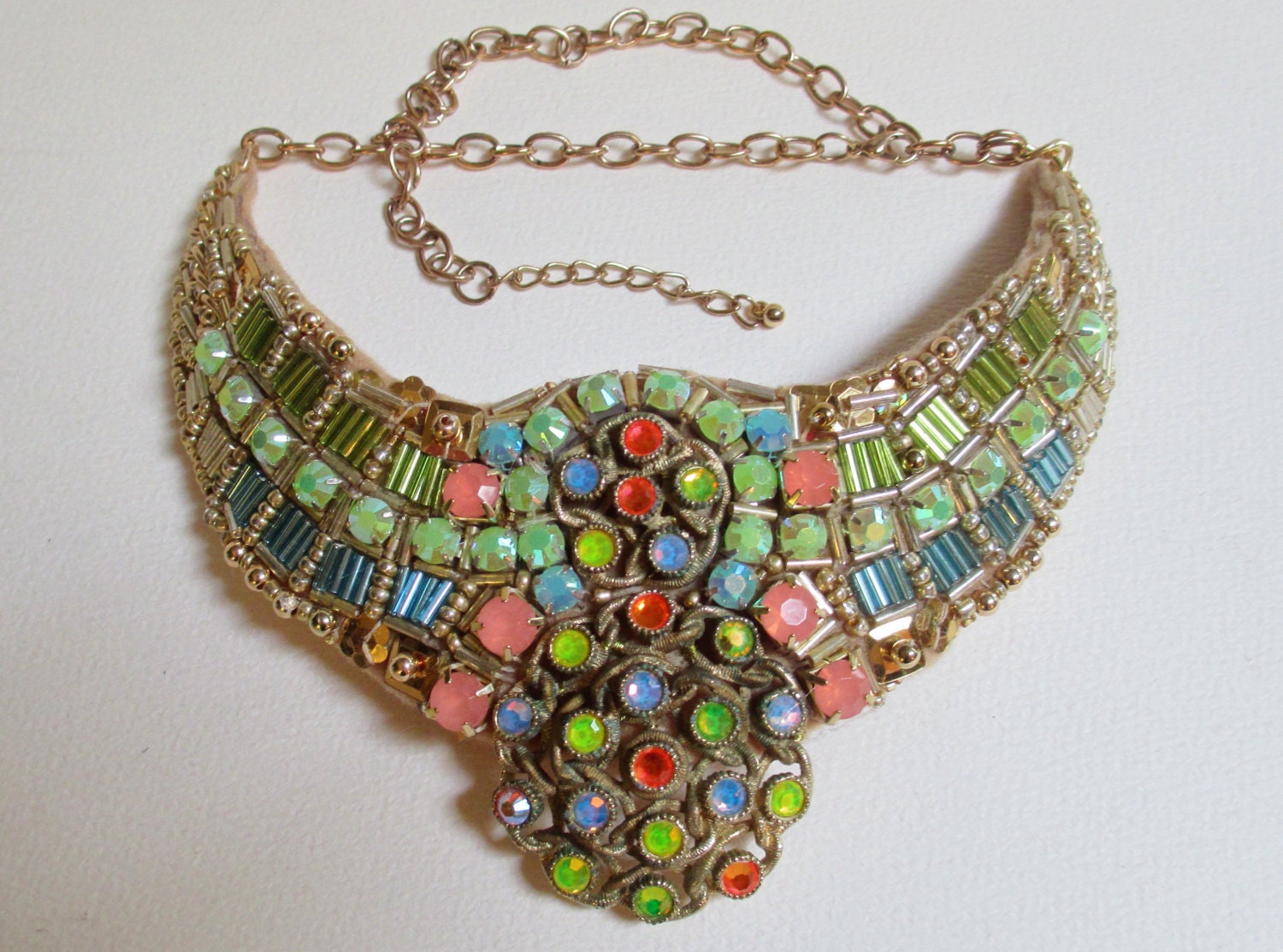 CLEARANCE Statement Bib Necklace Gold Coral Blue Green Beaded Vintage Elements
