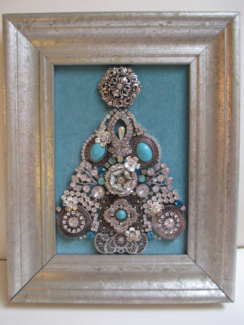Jeweled Framed Jewelry Art Christmas Tree Aqua Silver Etsy