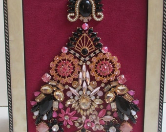 Jeweled Framed Jewelry Art Christmas Tree Art Deco Fuchsia Pink Black Gift