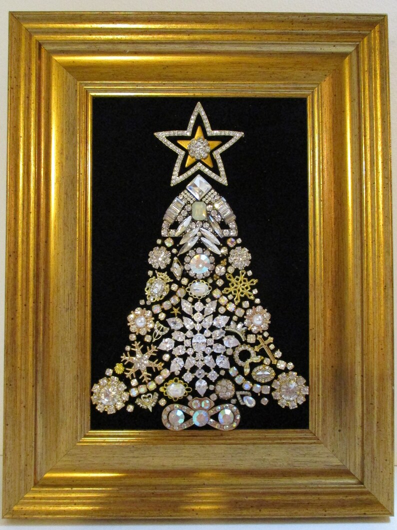 Jeweled Framed Jewelry Art Christmas Tree Black Gold Deco Etsy