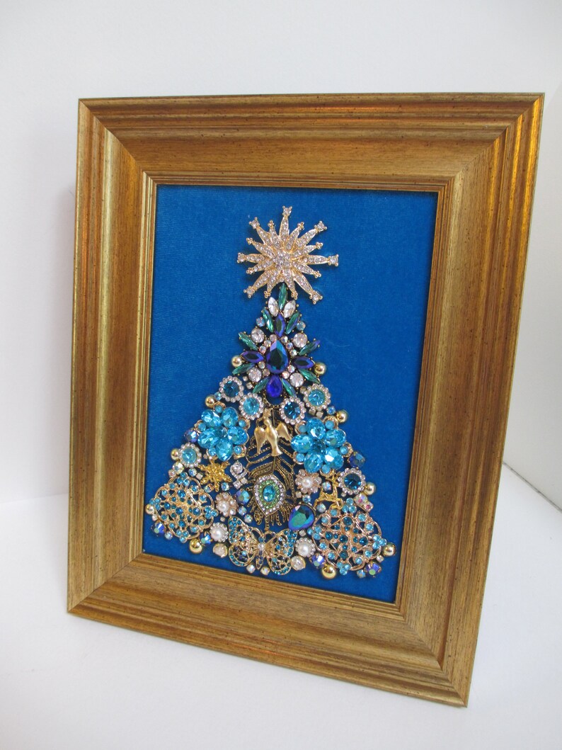 Jeweled Framed Jewelry Art Christmas Tree Turquoise Blue Gold Etsy
