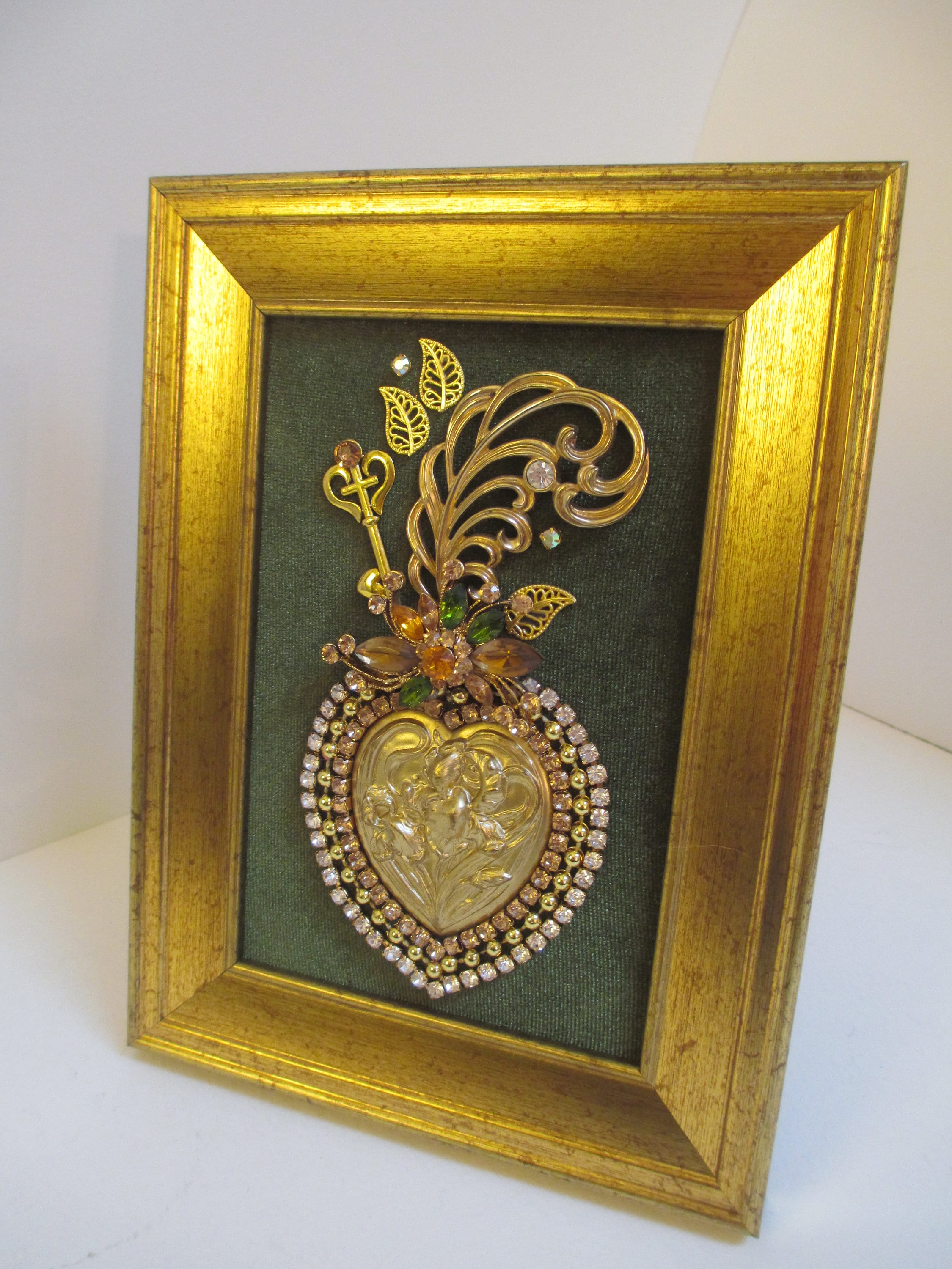 Jeweled Framed Jewelry Art Sacred Heart Olive Green Gold Amber Etsy