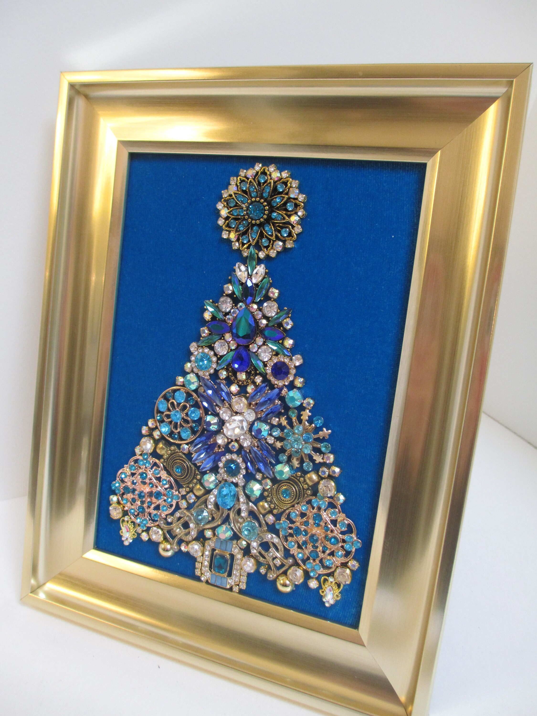 Jeweled Framed Jewelry Art Christmas Tree Aqua Blue Peacock Etsy