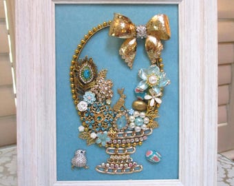 Jeweled Framed Jewelry Art Easter Basket Blue Gold Floral