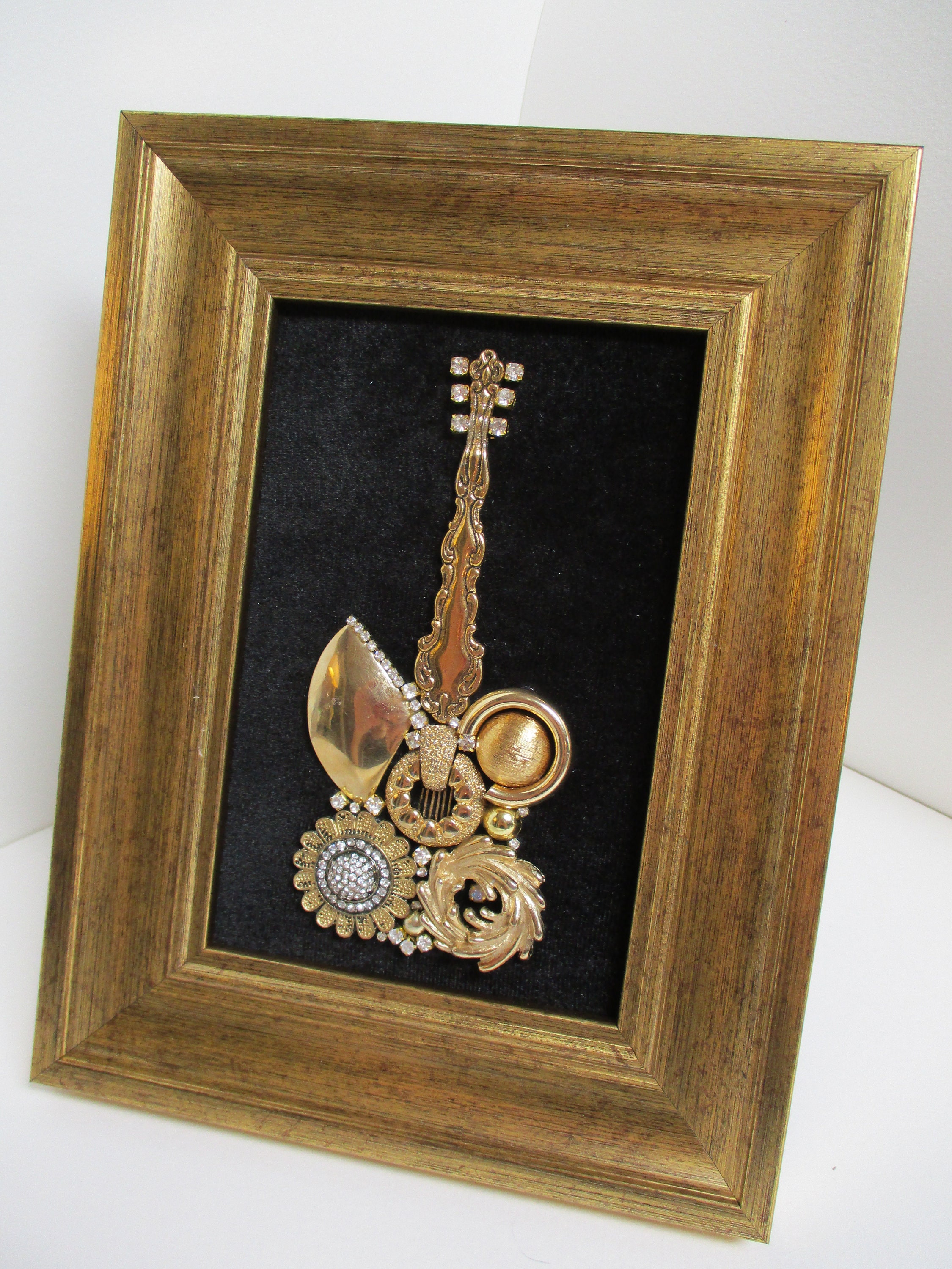 Jeweled Framed Jewelry Art Guitar Music Black Gold Vintage