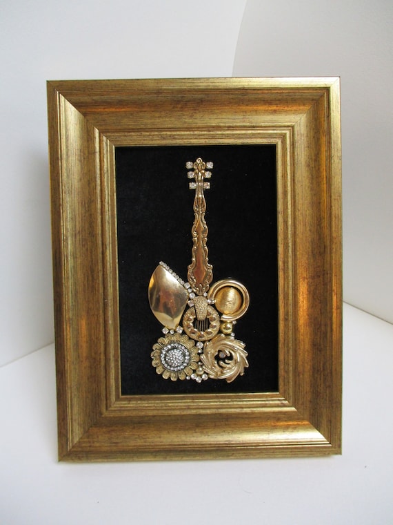 Jeweled Framed Jewelry Art Guitar Music Black Gold Vintage