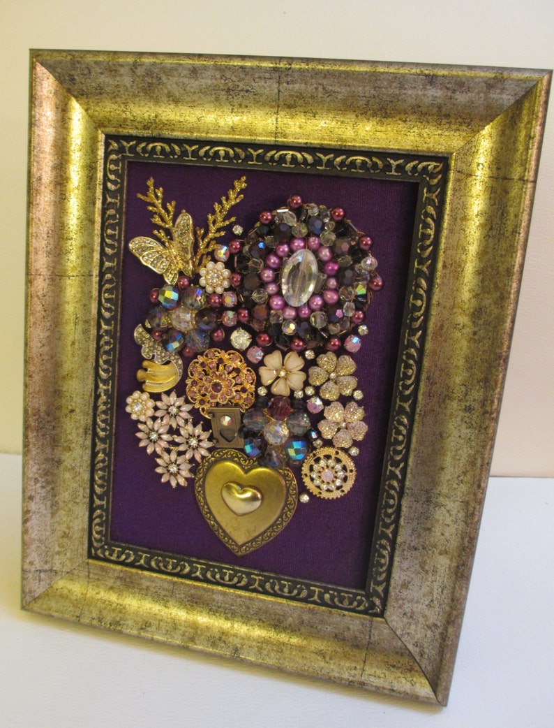 Jeweled Framed Jewelry Art Flower Bouquet Gold Purple Etsy