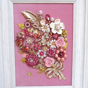 Jeweled Framed Jewelry Art Flower Bouquet Pink Gold Floral Vintage Rhinestone Detailed Fabulous Gift