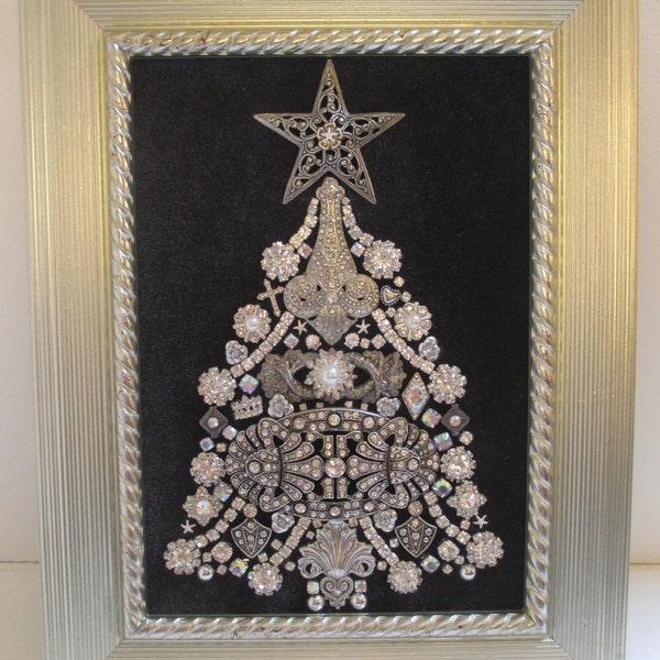 Jeweled Framed Jewelry Art Christmas Tree Gray Silver Vintage Deco Rhinestone Pearl Detailed Fabulous Gift