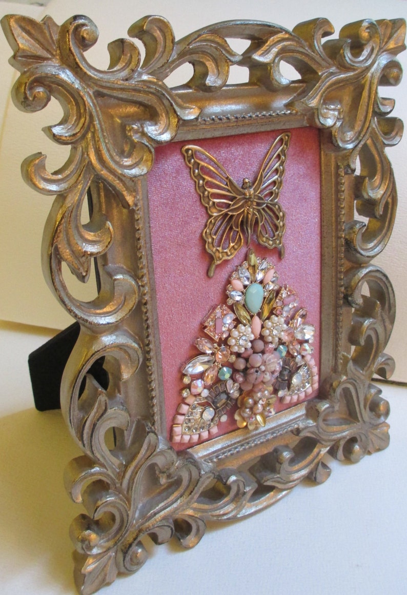 Jeweled Framed Jewelry Art Christmas Tree Gold Pink Rose Etsy