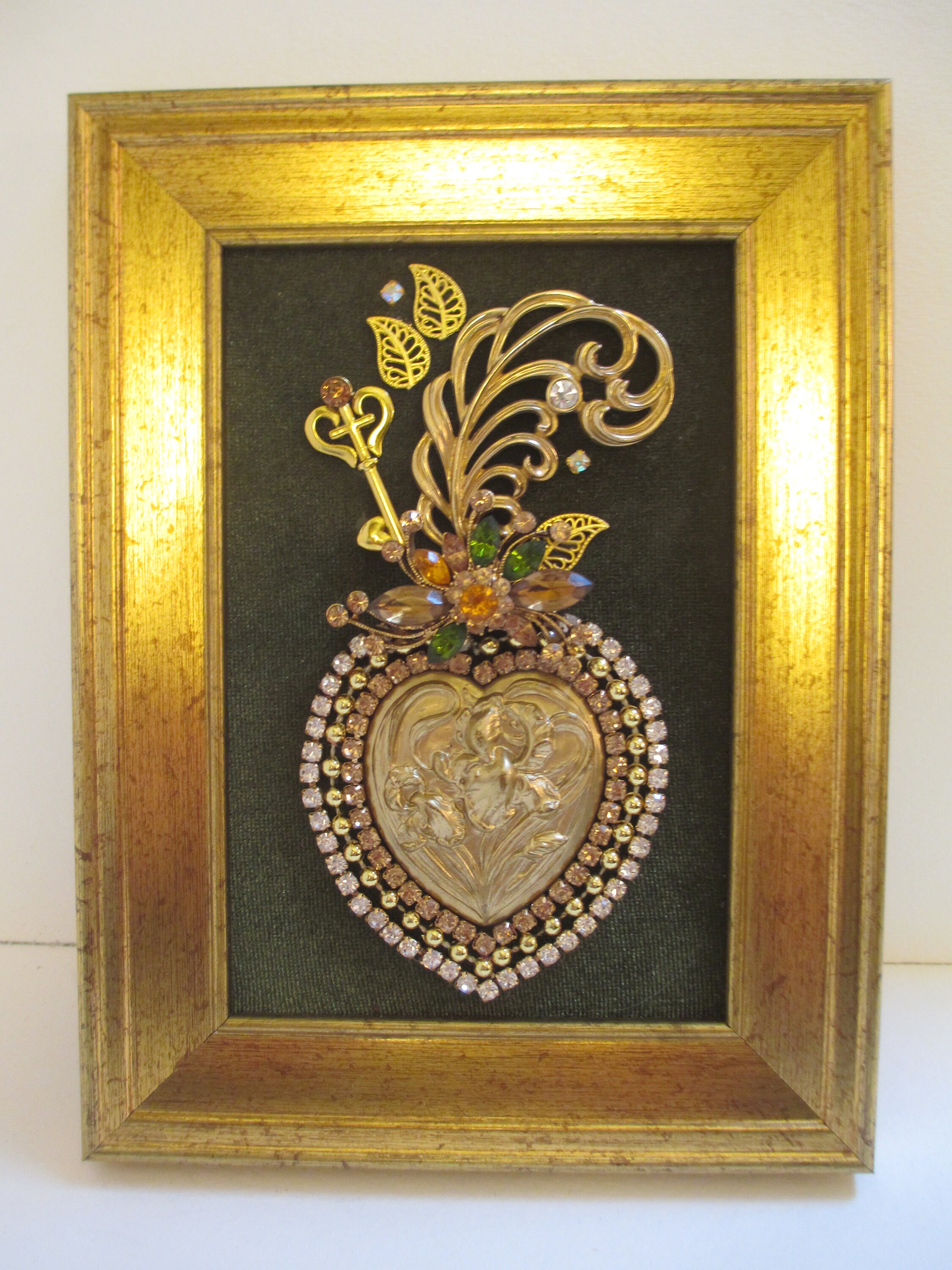Jeweled Framed Jewelry Art Sacred Heart Olive Green Gold Amber Etsy