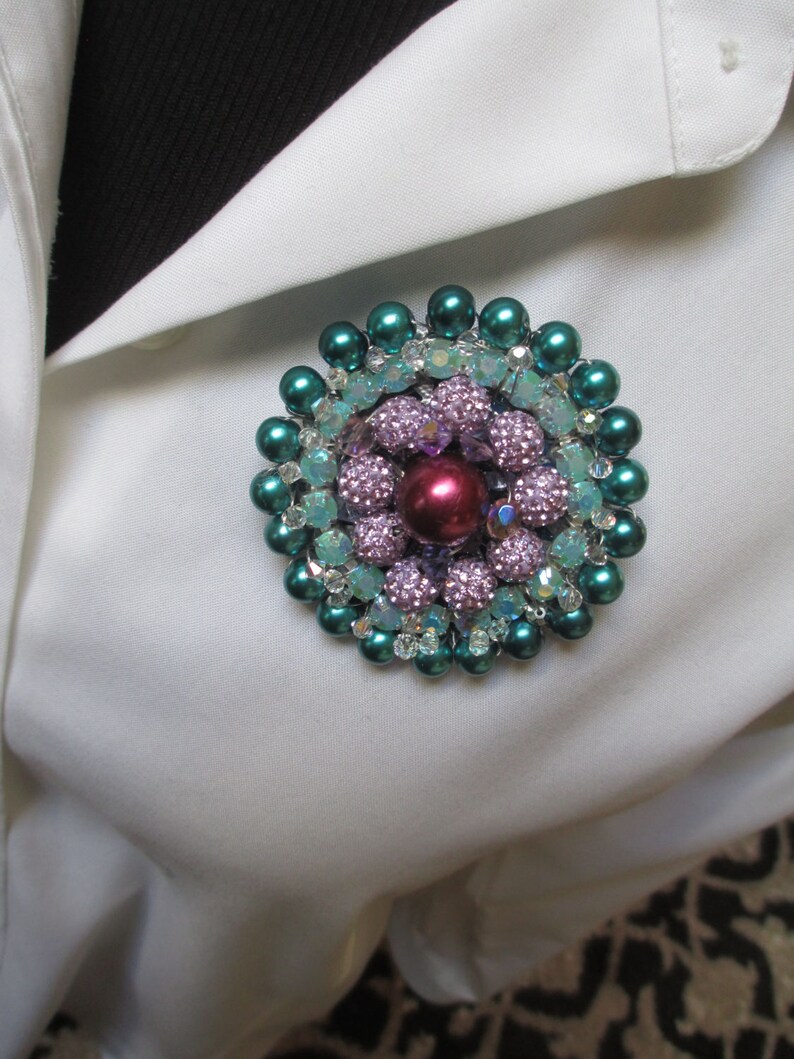 Statement Brooch Handmade Beaded Real Aqua Purple Fabulous Etsy