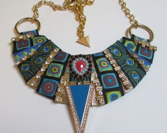 CLEARANCE Bib Collar Deco Statement Necklace Royal Blue Gold Tone