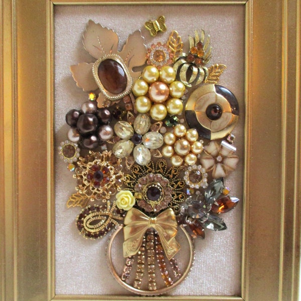 Jeweled Framed Jewlery Art Flower Bouquet Beige Gold Brown Vintage Rhinestone Detailed Fabulous Gift