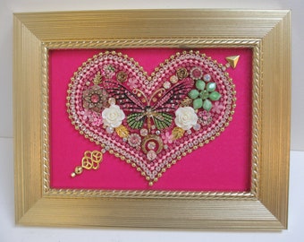 Jeweled umrahmt Schmuck Kunst Herz Valentine Rosa Grün Gold Schmetterling Floral Detaillierte Strass Fabelhaftes Geschenk
