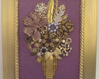 Bijoux encadrés bijoux Art Bouquet de fleurs Violet pâle Or vintage Déco Strass Floral Fabuleux Cadeau