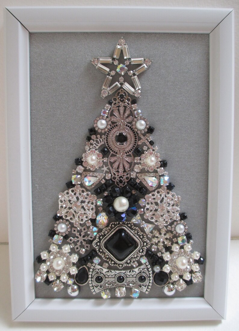 Jeweled Framed Jewelry Art Christmas Tree Light Gray Silver Etsy