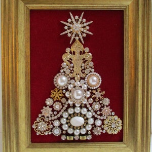 Jeweled Framed Jewelry Christmas Tree Red Gold Pearl Rhinestone Detailed Snowflake Fabulous Gift