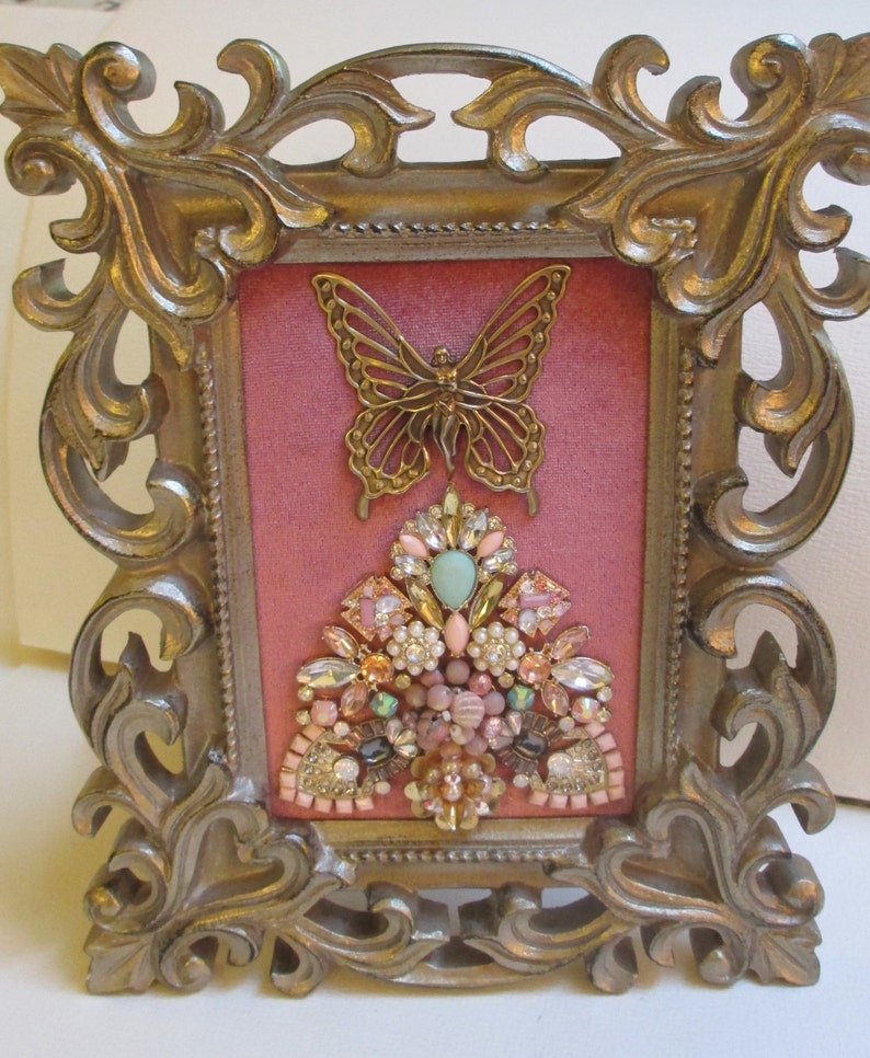 Jeweled Framed Jewelry Art Christmas Tree Gold Pink Rose Etsy