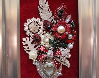 Jeweled umrahmt Schmuck Kunst Blumenstrauß Valentine Rot Silber Strass Floral Fabelhaftes Geschenk