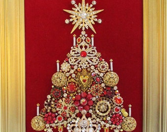 Jeweled Framed Jewelry Art Christmas Tree Red Gold Vintage Handmade Rhinestone Detailed Fabulous Gift