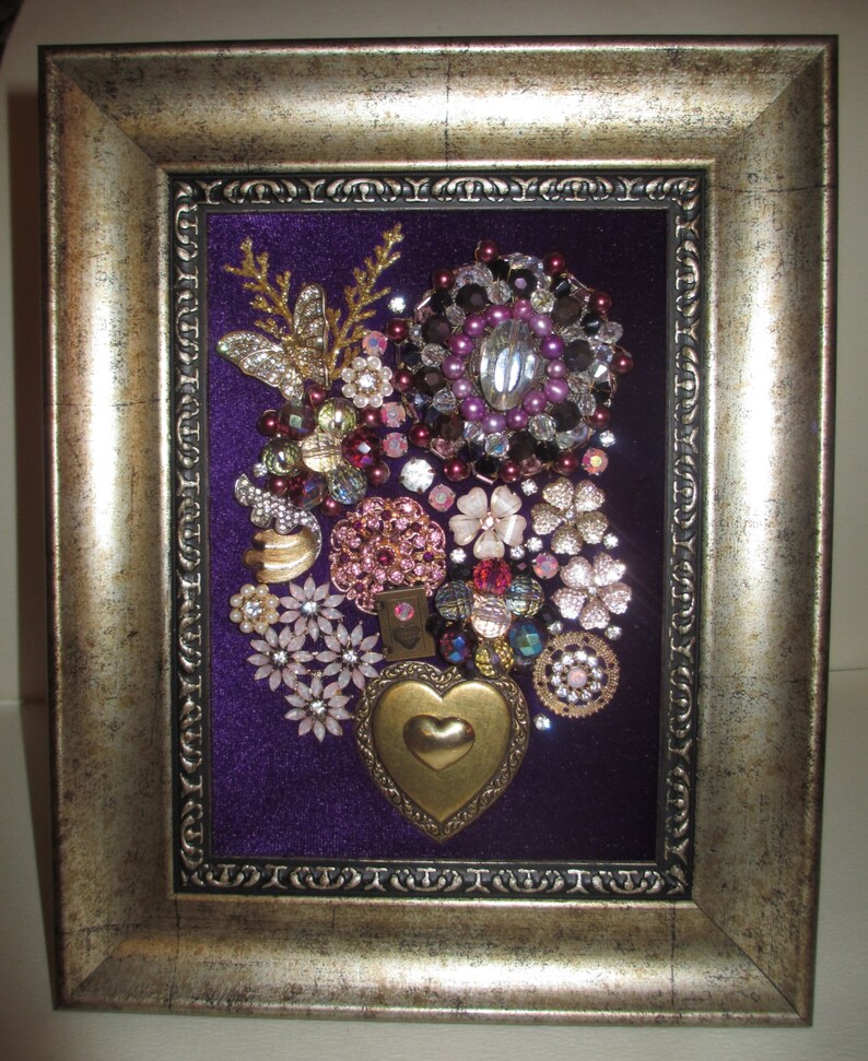 Jeweled Framed Jewelry Art Flower Bouquet Gold Purple Etsy